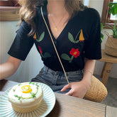 Sweet V-Neck Flowers Embroidered Shirts